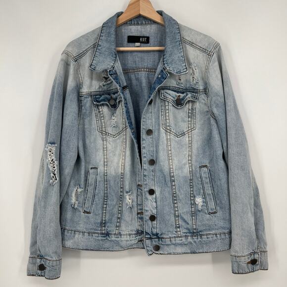 Kut From The Kloth Emma Distressed Denim Jacket Large Trucker Light Wash Destroy - Picture 1 of 7